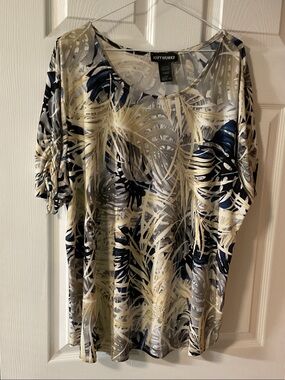 Two piece set. Women's Navy & Cream Tropical Print Palazzo Pants MADE IN CANADA